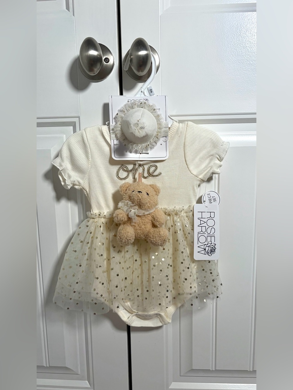 Cream 'One' Tulle Baby Dress with Teddy - Picture 6 of 7